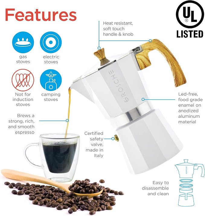 GROSCHE Milano Stovetop Espresso Maker Moka Pot 6 espresso Cup 9.3 oz White | Cuban Coffee Maker And Italian Moka Pot For Stovetop Espresso; For Gas, Electric, And Propane Stoves With A Soft-Touch Handle