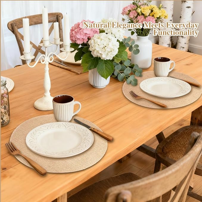 12 Pcs Round Burlap Placemats Bulk 11.8 Inch Reusable Jute Placemats, Rustic Round Charger Plates Bulk for Wedding Dinner Party Table Decorations