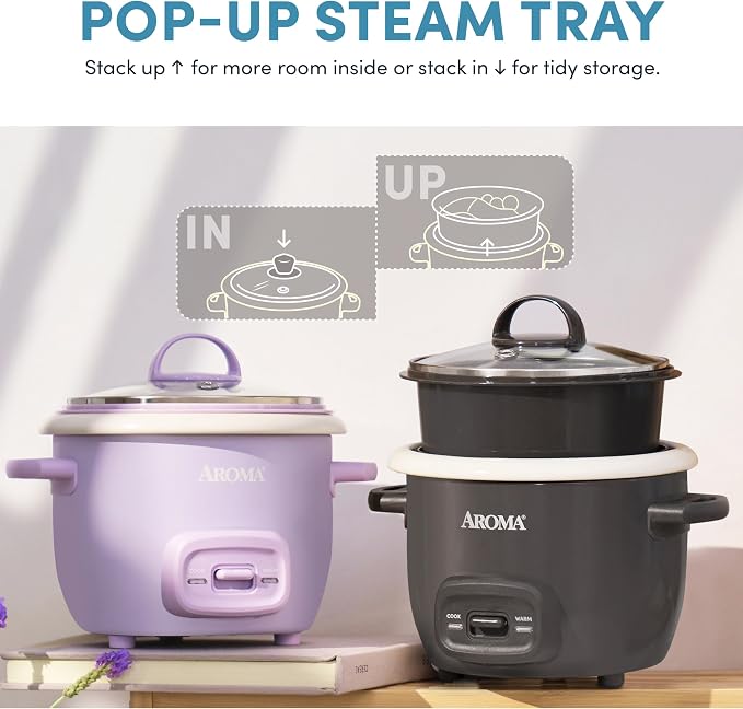 AROMA CoreCoat™ Mini Rice Cooker (3 Cups Cooked) with Nonstick Ceramic Pot Coating, Glass Lid, and Pop-Up Steamer Tray, 0.8 Quart