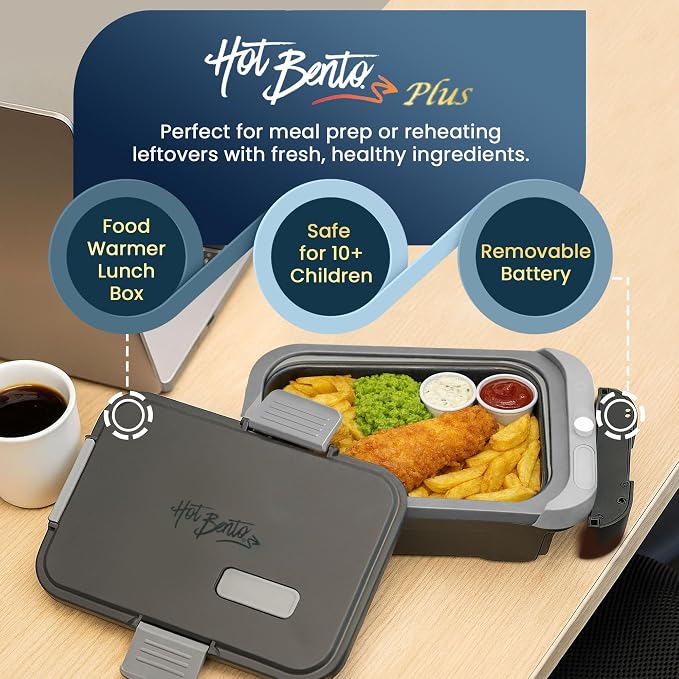PLUS Self-Heated Cordless Lunch Box & Food Warmer, Ebony | Removable Battery Powered, Child Safe, Portable & Compact, Ideal for Travel, Jobsite, Picnics, School & Outdoor Recreation