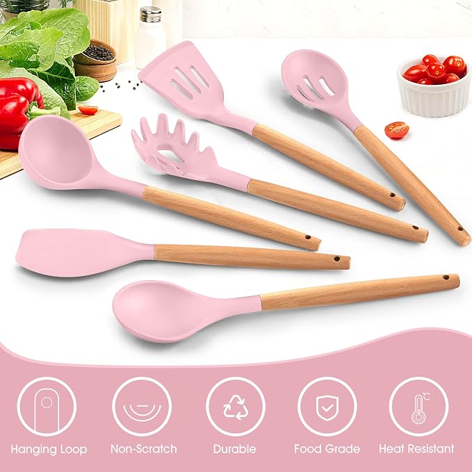 E-far Cooking Utensils Set of 6, Silicone Kitchen Utensils with Wooden Handle, Non-stick Cookware Friendly & Heat Resistant, Includes Spatula/Ladle/Slotted Turner/Serving Spoon/Spaghetti Server(Pink)