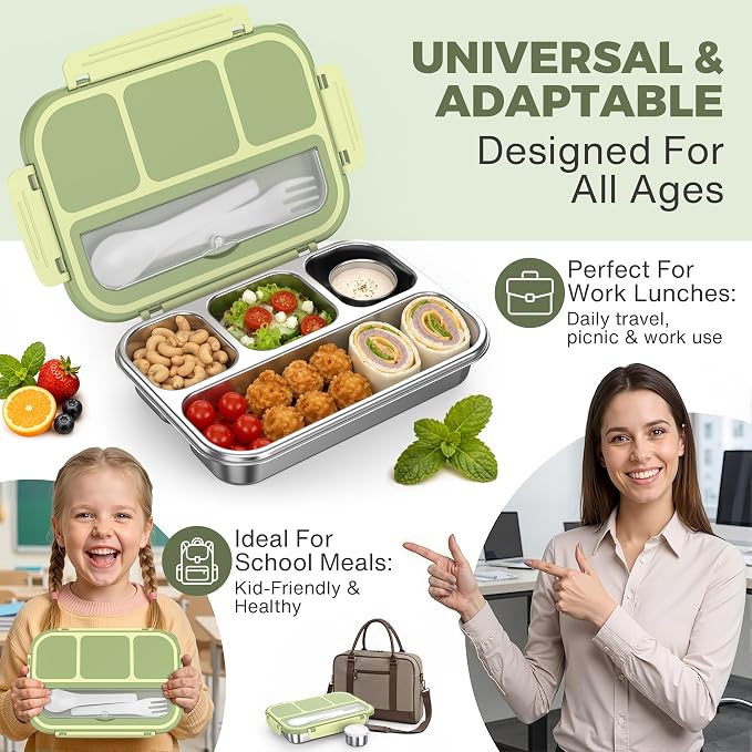 Stainless Steel Bento Box Adult Kids, Leakproof Metal Lunch Box Containers 4 Compartments, 32 Oz Reusable Food Storage Containers for Office and School, Green