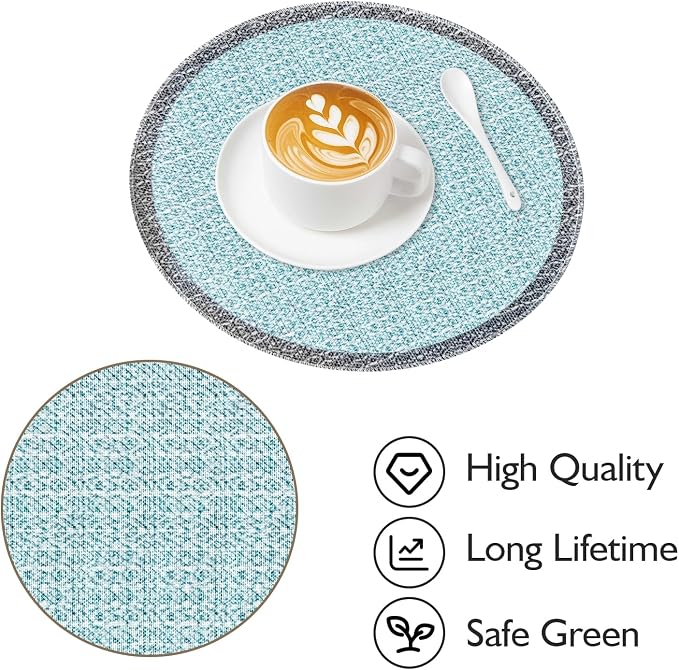 Blue Grey Ethnic Boho Round Placemats Set of 4, 15 Inch Linen Burlap Washable Durable Art Table Mats for Holiday Party Kitchen Dining Room Decoration