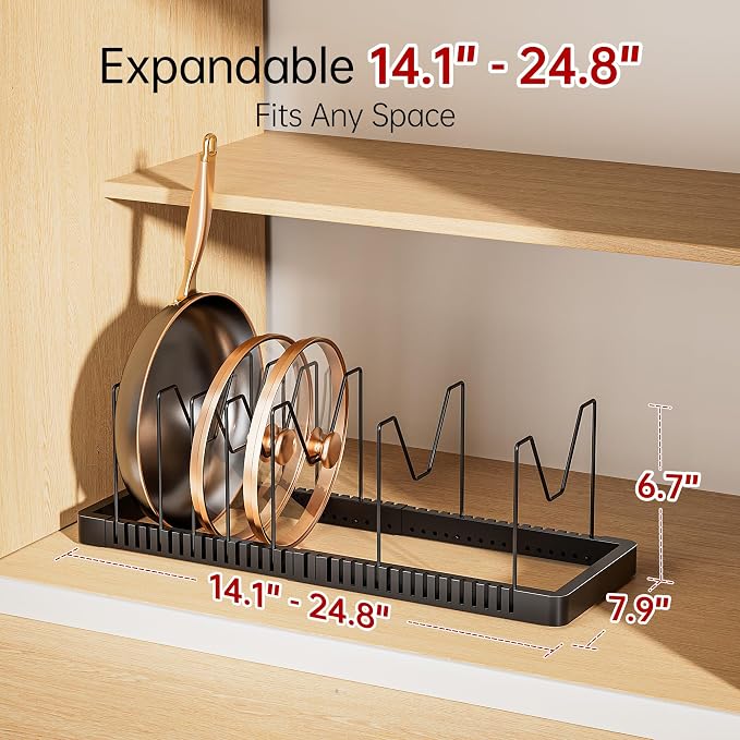 Expandable Pot and Pan Organizer with 12 Adjustable Dividers | Solid Metal Under‑Cabinet Pot Lid Organizer 14.1''‑24.8'', Lid Organizers Inside Cabinet, Fits Bakeware & Cookie Sheets