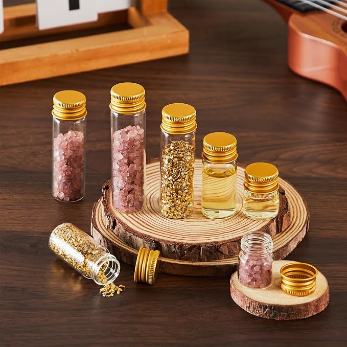 Didaey 100 Pcs Small Clear Vials Spice Mini Jars with Lids Mini Glass Bottles with Screw Aluminum Metal Caps Tiny Jars Sample Containers for Powder Cream Cosmetic Jewelry Wedding (4 Size,Gold Caps)