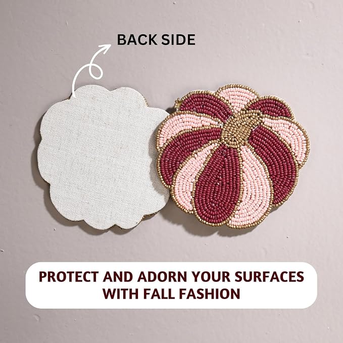 Folkulture Cute Fall Coasters Set of 4 for Drink, Non Slip,Easy to Clean | Boho, Coaster for Farmhouse, Coffee Table, Beaded Coasters for Fall Decorations, Outdoor Pumpkin Decor, Modern Home Decor