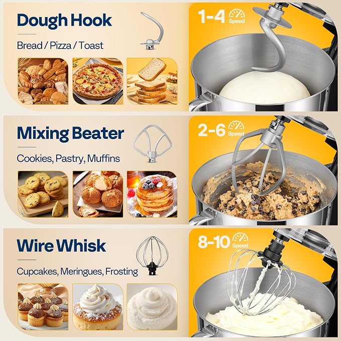 VIVOHOME Stand Mixer, 6-Quart Tilt-Head Kitchen Mixer with Bowl, Black | 10 Speeds, Dough Hook, Beater, Whisk, Splash Guard, Egg Separator, for Cake & Bread