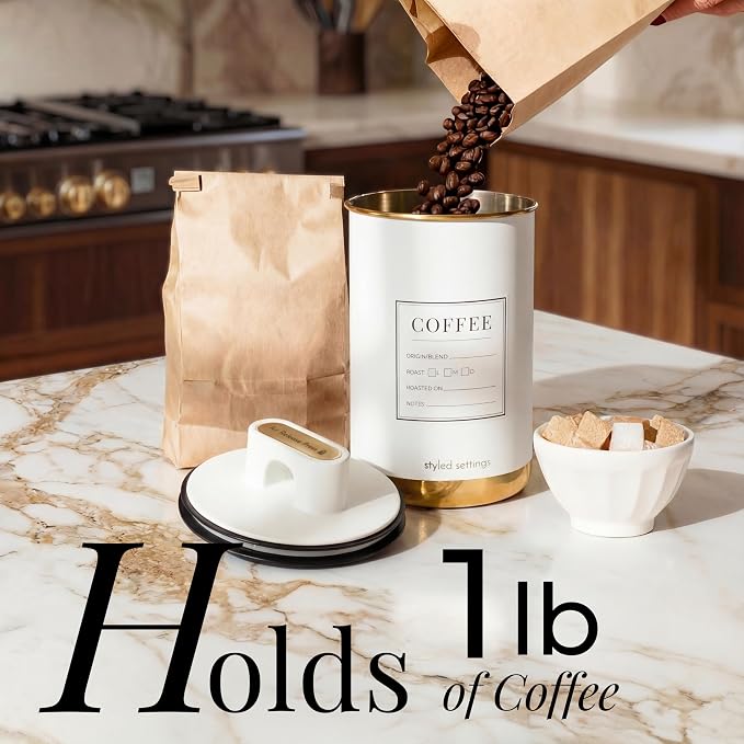 STYLED SETTINGS Vacuum Coffee Canister with Airtight Lid, White and Gold | Stainless Steel, BPA Free, Food Grade, White and Gold Design, Vacuum Effect, Air Tight