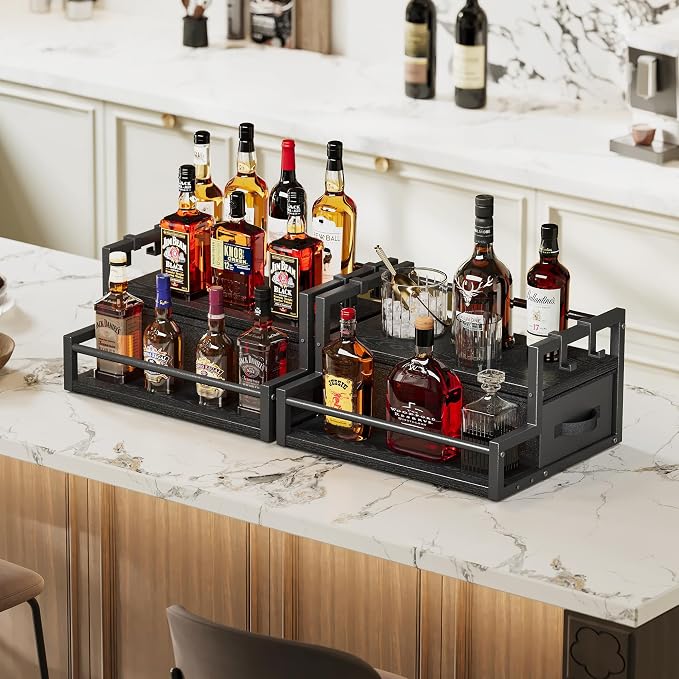 Homeiju Coffee Syrup Organizer Rack, 2-Tier Bottle Coffee Bar Accessories | Holder Stand with K Cup Storage Drawer for Coffee bar, Wine Rack , Storage Shelves for Syrup. (Black)