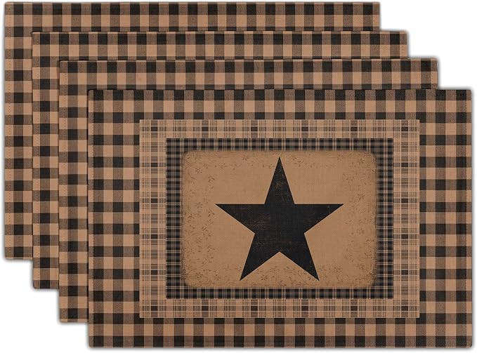 Western Star Placemats Set of 4 ，Texas Themed Primitive Table Mats Vintage Farmhouse Classic Washable Heat Resistant Linen Fabric Rectangle Place Mat 12 x 18 Inch for Indoor Outdoor Home Decor