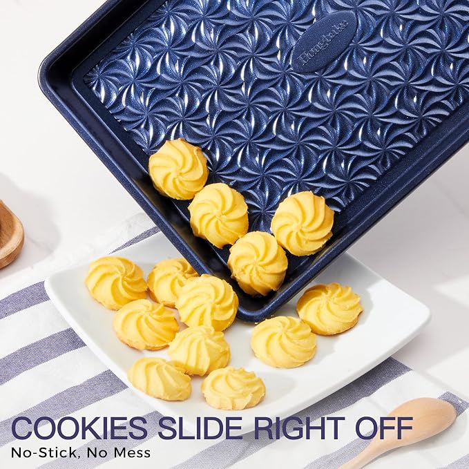 Nonstick Baking Sheet Pan Set of 3, Cookie Sheets for Oven, Non-Toxic, Blue | Half, Quarter & Jelly Roll Pans, Floral Swirl Texture, Heavy-Duty 0.8mm Carbon Steel, Even Heat Distribution
