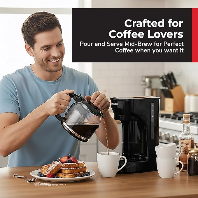 Mueller 12-Cup Drip Coffee Maker | Borosilicate Carafe, Auto-Off, Reusable Filter, Anti-Drip, Keep-Warm Function