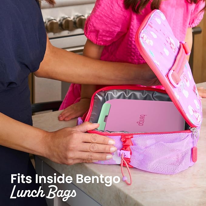 Bentgo Kids Stow & Go Leak-Proof Lunch Box with Built-In Utensil | 3.5-Cup Capacity, Removable Tray, Portion-Perfect Compartments for Kids and Teens, 2-in-1 Spoon & Fork (Strawberry)