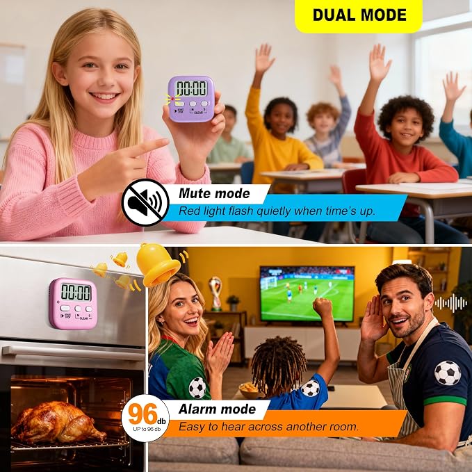 2 Pack Digital Timer for Kids Classroom Kitchen Timers for Cooking | w/ Battery, Easy to View, Alarm, Mute Mode, Count Down/Up, Magnetic, Kickstand, Hanging, Classroom Timer for Teacher Supplies
