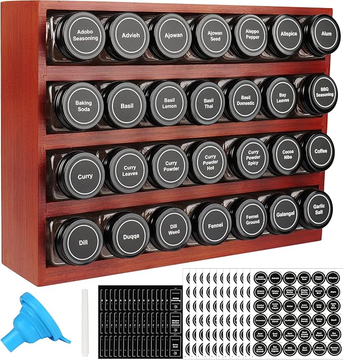Bamboo Spice Rack Organizer with 28 Glass Spice Jars 4 oz Set Cherry Stain | 4 Tier Wood Hanging Shelf, 780 Labels, for Drawer Cabinet Kitchen Countertop Wall Mount, Empty 4 oz Glass Jars