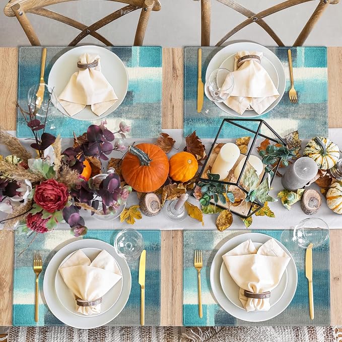 Emvency Farmhouse Placemats Set of 4, 12x18 Inch, Teal and Grey | Abstract Art Painting Table Mats for Outdoor Home Party Kitchen Dining Decoration
