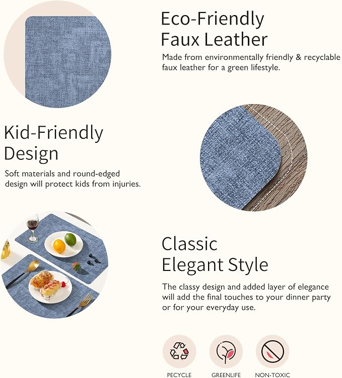 Maxpearl Faux Leather Placemats Set of 6, Easy to Clean, Blue | Waterproof - Heat Resistant - Non Slip - Wipe Clean Dining Table Place Mats, Suitable for Indoor & Outdoor Use, 17''×12''