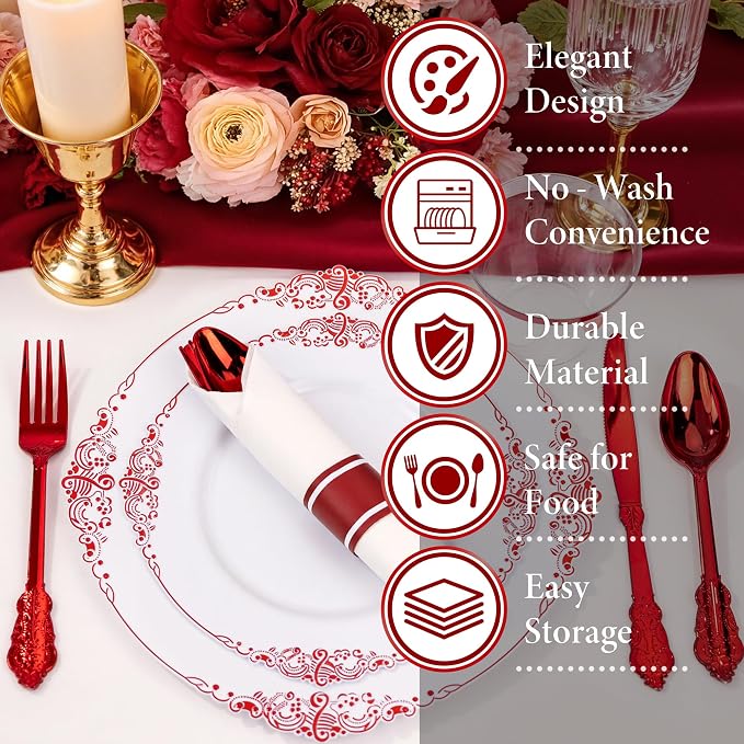 Nervure 175Pcs Red Plastic Plates, Red Plastic Dinnerware Set for 25 Guests | 25 7.5" Dessert & 25 10.25" Dinner Plastic Plate, 75 Cutlery, 25 9oz Cup, 25 Napkin for Wedding & Party, BPA-free, Heavy-duty