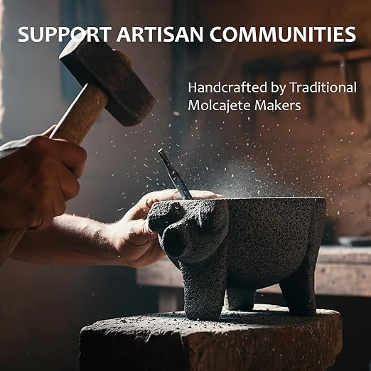 9 inch Molcajete Mortar and Pestle with Pig Design, Mexican Handmade with Lava Stone Ideal as Herb Bowl, Spice Grinder, Volcanic Stone