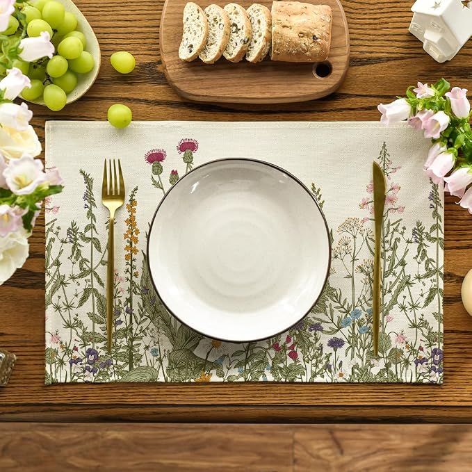 Artoid Mode Antique Herbs and Wild Flowers Summer Placemats Set of 12, 12x18 Inch Seasonal Wildflower Spring Table Mats for Party Kitchen Dining Decoration