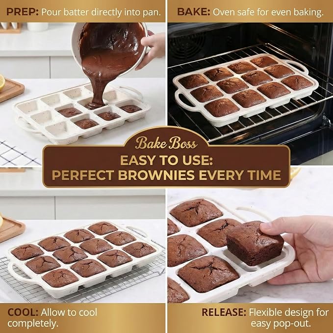 Silicone Brownie Pans with Dividers - 2 PACK - CREAM | Metal Reinforced Silicone Brownie Pans for Baking, Nonstick Brownie Pan, Easy Release Surface, Dishwasher Safe