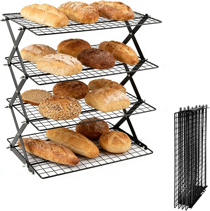 4 Tier Collapsible Cooling Rack Sourdough Cooling Rack 17"x10" | Cooling Racks for Cooking and Baking, Roasting, Grilling, Adjustable 6 Setting Design stackable, Oven & Dishwasher Safe