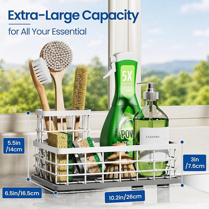 Kitchen Sink Caddy Organizer with Sponge & Brush Holder, Stone Drying Mat | Extra-Large Kitchen Countertop Organizer, Stainless Steel Kitchen Sink Accessories with Quick-Dry Soap Tray for Fewer Stains