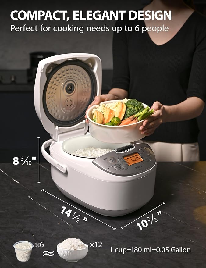 Toshiba Rice Cooker 6 Cup Uncooked – Japanese Rice Cooker with Fuzzy Logic Technology, 7 Cooking Functions, Digital Display, 2 Delay Timers and Auto Keep Warm, Non-Stick Inner Pot, White | japanese style, white. 7 cooking functions, digital display, 2 ...