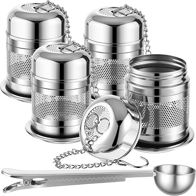 4 Pcs Tea Infuser Strainers for Loose Tea with Scoop, Extra Fine Mesh Steeper 304 Stainless Steel Diffuser Leaf Holder with Extended Chain Hook for Brew, Spices, Seasoning (Stylish Style)
