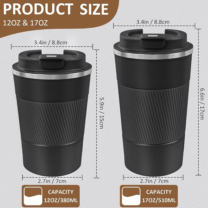 4 Pack Insulated Coffee Mug with Lid 12oz Travel Coffee Tumbler Stainless Steel Reusable Coffee Cups Thermal Coffee Mug for Hot and Iced Cold Drinks, Black