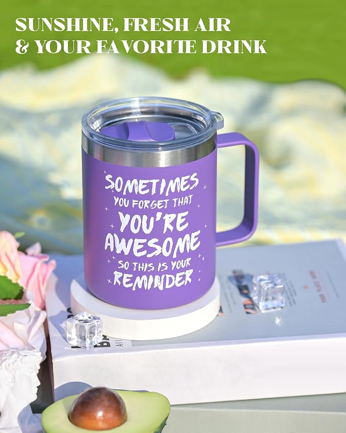 Inspirational Coffee Mug for Women, 12oz Insulated Stainless Steel Mug with Handle & 2 Lids – Sometimes You Forget You’re Awesome, Birthday & Appreciation Gift for Friend, Coworker, Purple