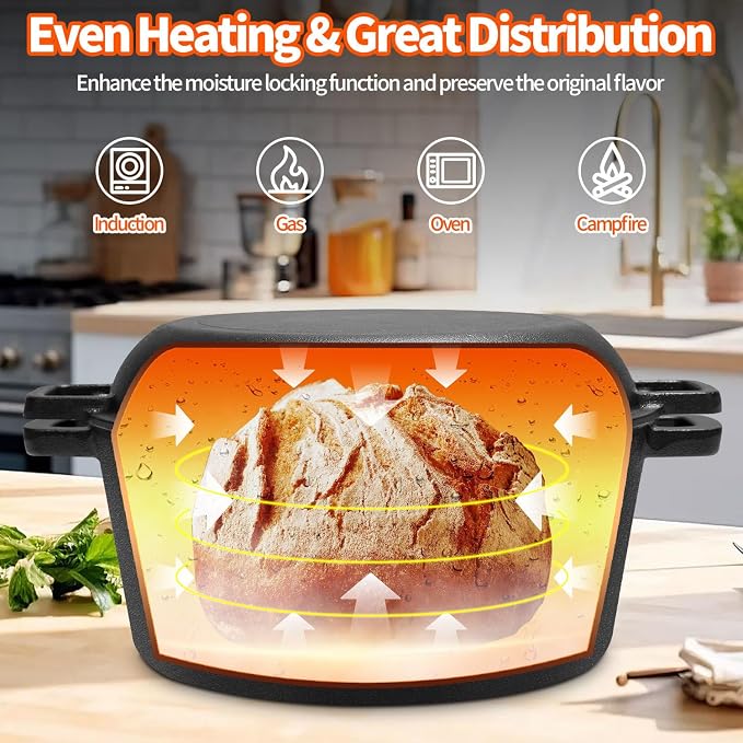 5 Qt Cast Iron Dutch Oven for Sourdough Bread Baking, Sourdough Dutch Oven | 2-in-1 lid doubles as a skillet; complete baking tools included for bread, stewing, searing, frying and outdoor cooking