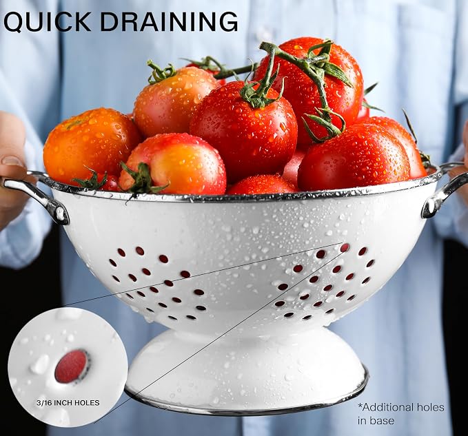 Reston Lloyd, 3 Quart Powder Coated Steel Kitchen Strainer Basket for draining Pasta, Vegetable and Fruit, Chrome Handles and Wide Stable Base, White