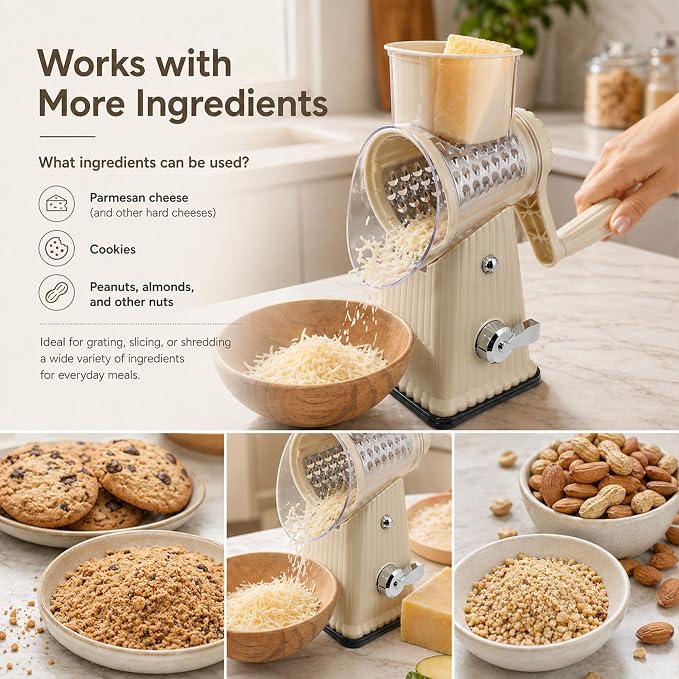 JA&MIU Rotary Cheese Grater with Handle, 5 Well-designed Blades | Strong Suction Base, Round Mandoline Slicer with Blade Storage Box & Kitchen Mandoline Vegetable Slicer (Off-white)