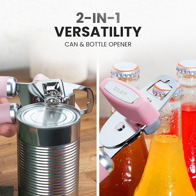 Zulay Kitchen Heavy Duty Stainless Steel Can Opener Manual with Bottle Opener - Rust Proof Manual Can Opener With Turn Knob & Comfy Soft Grip Handles - Pink