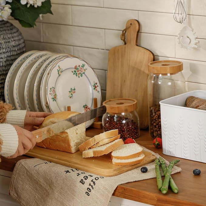 Large White Ear of Wheat Embossed Bread Box with Bamboo Lid | Corner Breadbox for Homemade Bread, Metal Bread Storage Container Bin for Kitchen Countertop
