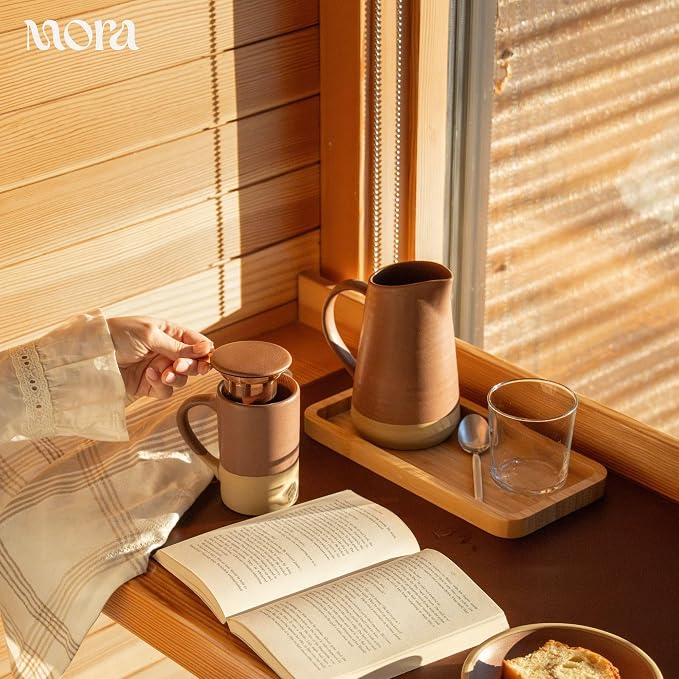 Mora Ceramics Tea Cup with Loose Leaf Infuser, Spoon and Lid 12 oz, Microwave and Dishwasher Safe Coffee Mug - Rustic Matte Ceramic Glaze, Modern Herbal Tea Strainer - Great Gift for Women, Terracotta