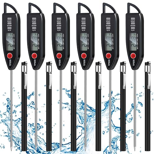 6 Set Digital Food Thermometer Long Probe Instant,Black | Waterproof for Water Liquid Candle, Instant Temperature Read for Kitchen BBQ Grill Candy Meat, Foldable Probe Thermometer
