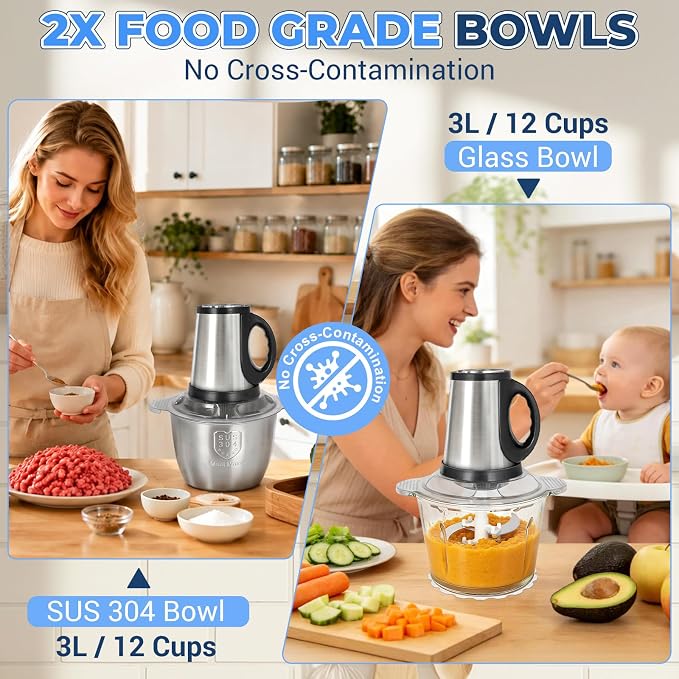 Food Processor-2 Bowls(12Cups+12Cups),Food Chopper for Meat | 【800W Pure Copper Motor】【2 Sets Stainless Steel Blade】Small Food Processor for Meat,Vegetable,Garlic,Onion,Chicken Shredder