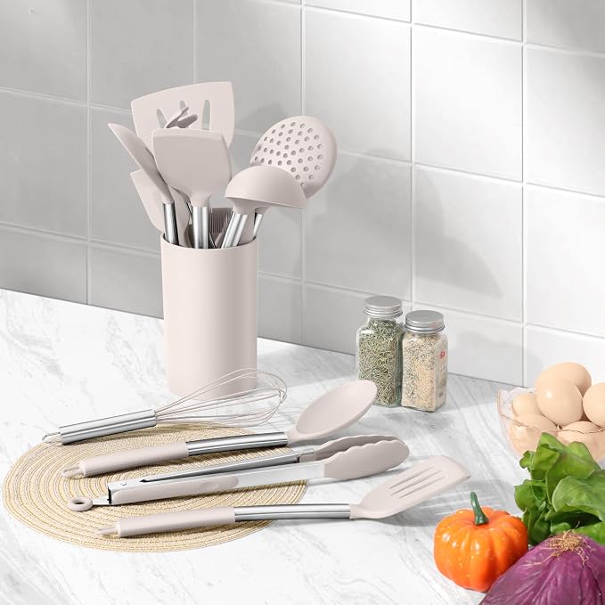 LIANYU 15 Pcs Cooking Utensils Set, Silicone Kitchen Tools with Holder | Heat Resistant, Kitchen Gadgets with Stainless Steel Handle, Brush Spatula Spoon Whisk for Cookware, Dishwasher Safe, Khaki