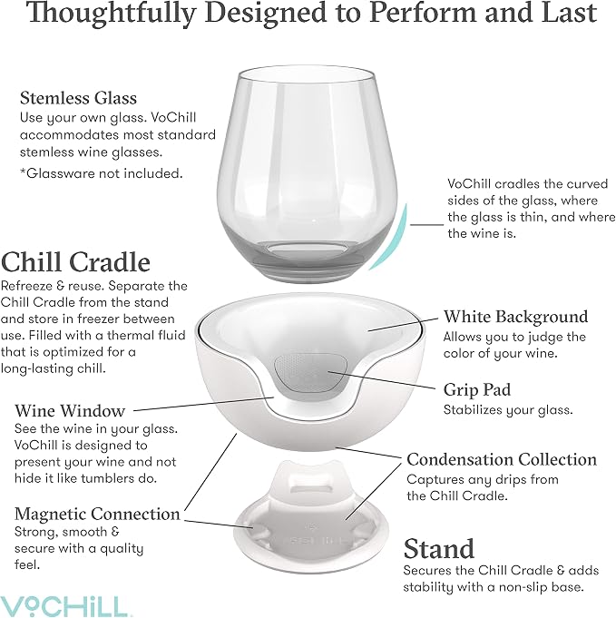 VoChill Stemless Wine Glass Chiller | Keep the Chill In Your Glass | Made In USA | The Original | Refreezable Chill Cradle™ | Actively Chills Stemless Glassware | Blush, Single Stemless