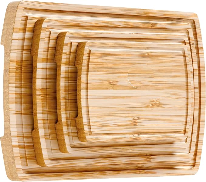 Bamboo Cutting Boards for Kitchen, Extra Large Wooden Chopping Board Set | Deep Juice Groove, Knife-Friendly, Side Handles, Reversible Butcher Block, for Serving, Meat, Veggies, Cheese, 4 Sizes