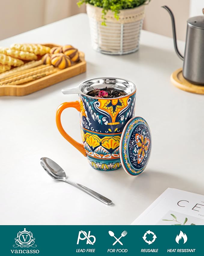 vancasso 18 Oz Tea Infuser Mug with Lid, Amber Iris Bloom | Eye-Catching Bohemian Pattern, Adds Charm to Any Tea Corner, Ceramic Mug with Infuser, Microwave and Dishwasher Safe