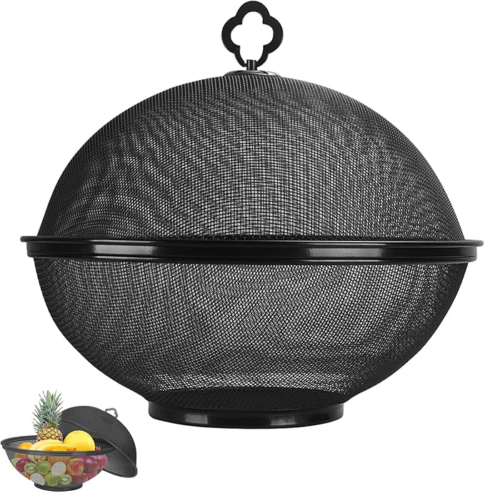 Fruit Fly Proof Fruit Storage Basket, Metal Mesh Fruit Bowl w Lid Black1PCS | Decorative Fruit Bowls Kitchen Counter Storage for Fruits & Veggies