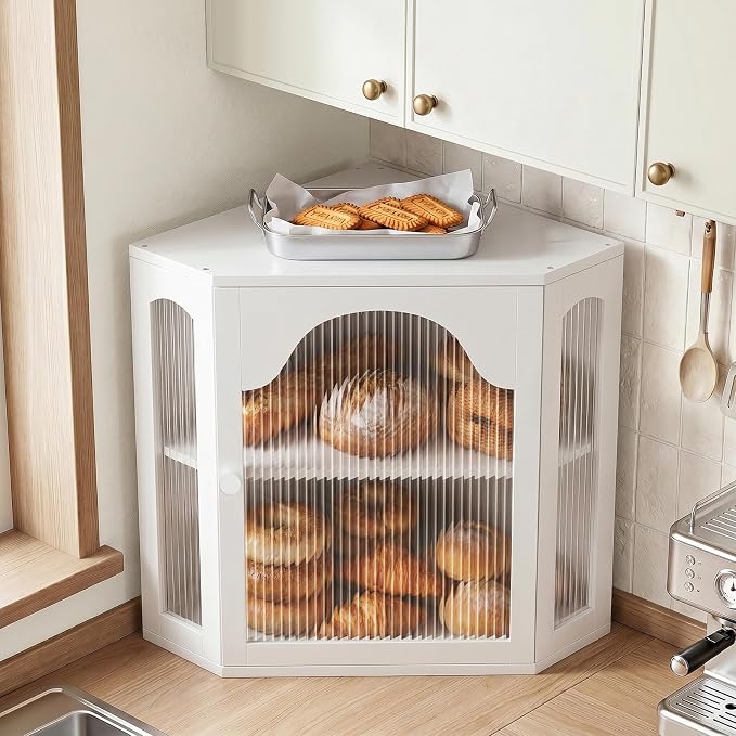 2-Tier Corner Bread Box for Kitchen Countertop with Acrylic Wavy Door Panel | Bread Storage for Homemade Bread, Large Bamboo Vintage Farmhouse Bread Bin, Cabinet Cupboard Pantry, White, Meduim