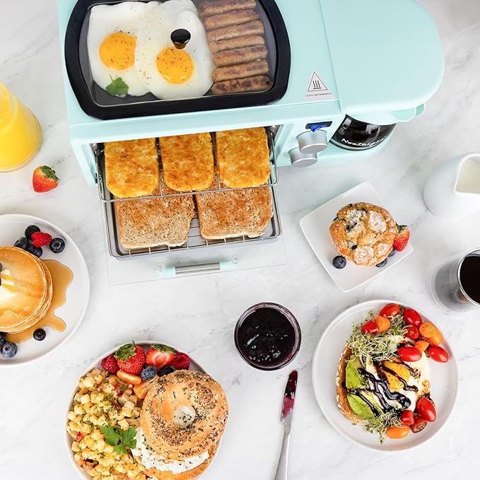 Nostalgia 3-in-1 Retro Breakfast Station - Includes 5 (4 Oz) Cup Coffee Maker, Non-Stick Ceramic Griddle, and 4-Slice Toaster Oven - Built-In Timer, Reusable Coffee Filter, Space-Saving Design - Aqua