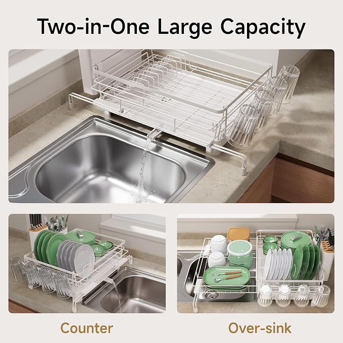 Runnatal Large Dish Drying Rack, Extendable Dish Rack Over Sink | Stainless Steel Dish Strainer with Drainboard, Utensil Holder & Cup Holder for Kitchen Counter, White