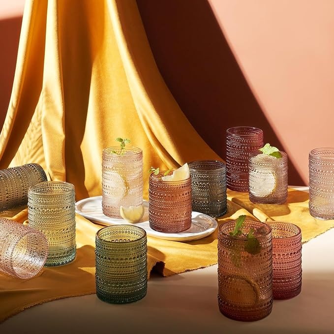 Hobnail Highball Glasses, Vintage Beaded Tumblers Set of 12, 14 & 11 oz | Vintage Beaded Design, Embossed Bubble Texture, Comfortable Grip, Ideal for Water, Whiskey, Cocktails, Wine & Mixed Drinks,
