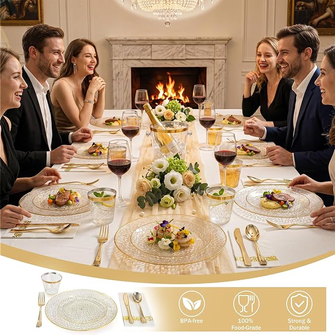 DaYammi 175PCS Clear Gold Glitter Plastic Dinnerware Set, Plastic Plates Disposable Hammered Plates for Party, Include: 25 Dinner Plates 25 Dessert Plates 75 Gold Silverware 25 Napkins 25 Cups