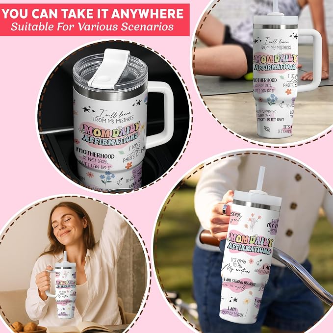 Gossby Mom Daily Affirmations Tumbler, 30oz Stainless Steel with Handle | Mom Birthday Gifts, Gifts for Mom Positive, Daily Affirmations Cup, Tumbler Insulated with Straw and Lid, Gift for Mama